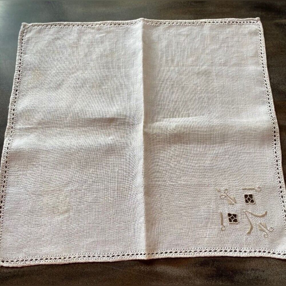 Vintage Table Runner Scarf Cream Linen Embroidered Square 16”